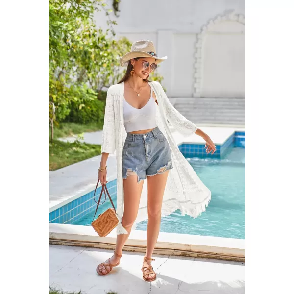 GRACE KARIN Womens Knit Cardigan Crochet Hollow Out Tassel Boho Kimonos Cardigan 2024 Open Front Outwear with Fringe HemIvory White