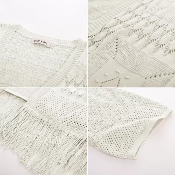 GRACE KARIN Womens Knit Cardigan Crochet Hollow Out Tassel Boho Kimonos Cardigan 2024 Open Front Outwear with Fringe HemIvory White