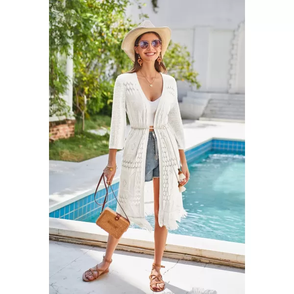 GRACE KARIN Womens Knit Cardigan Crochet Hollow Out Tassel Boho Kimonos Cardigan 2024 Open Front Outwear with Fringe HemIvory White