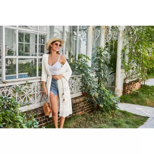 GRACE KARIN Womens Knit Cardigan Crochet Hollow Out Tassel Boho Kimonos Cardigan 2024 Open Front Outwear with Fringe HemIvory White