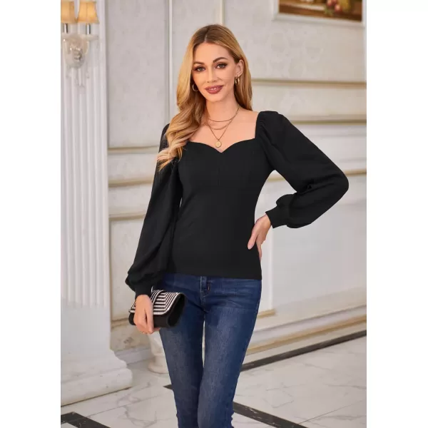 GRACE KARIN Womens Lantern Long Sleeve Blouse Retro Slim Fit Sweetheart Neckline Shirt Tops VintageBlack