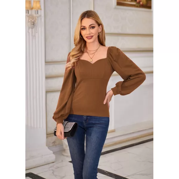 GRACE KARIN Womens Lantern Long Sleeve Blouse Retro Slim Fit Sweetheart Neckline Shirt Tops VintageBrown