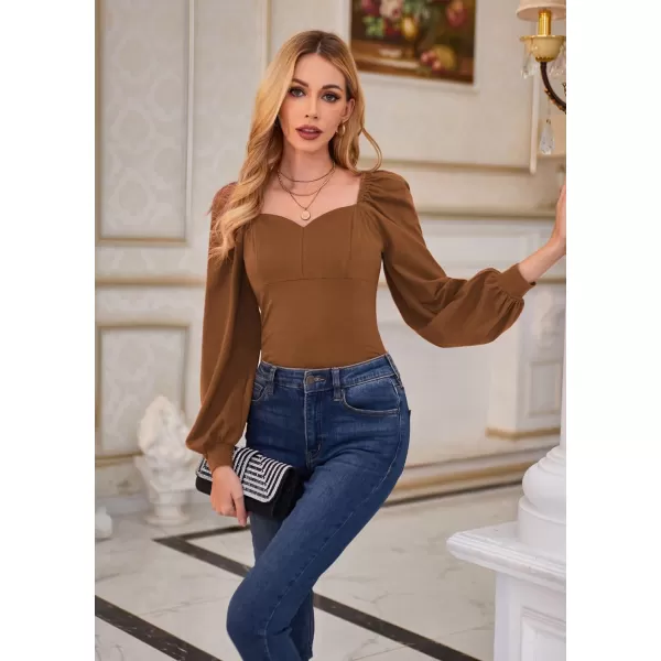 GRACE KARIN Womens Lantern Long Sleeve Blouse Retro Slim Fit Sweetheart Neckline Shirt Tops VintageBrown