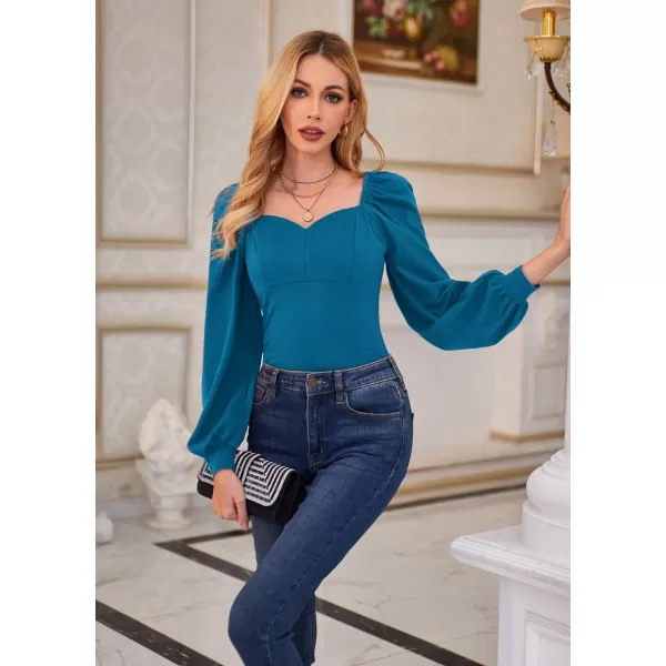 GRACE KARIN Womens Lantern Long Sleeve Blouse Retro Slim Fit Sweetheart Neckline Shirt Tops VintageGreen Blue