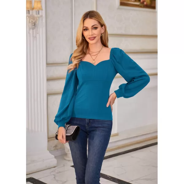 GRACE KARIN Womens Lantern Long Sleeve Blouse Retro Slim Fit Sweetheart Neckline Shirt Tops VintageGreen Blue