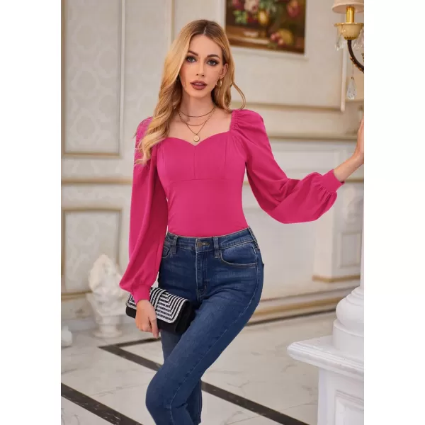 GRACE KARIN Womens Lantern Long Sleeve Blouse Retro Slim Fit Sweetheart Neckline Shirt Tops VintageHot Pink