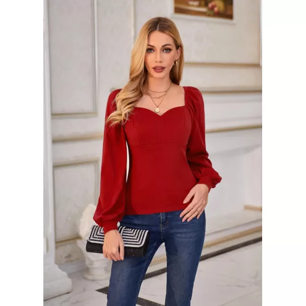 GRACE KARIN Womens Lantern Long Sleeve Blouse Retro Slim Fit Sweetheart Neckline Shirt Tops VintageRed