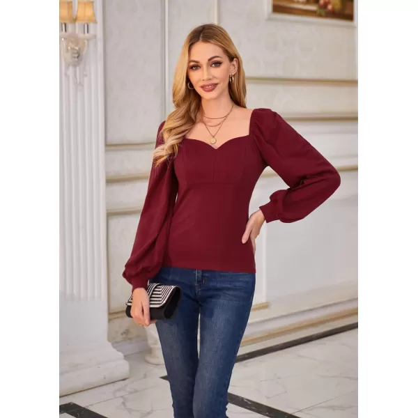 GRACE KARIN Womens Lantern Long Sleeve Blouse Retro Slim Fit Sweetheart Neckline Shirt Tops VintageWine Red