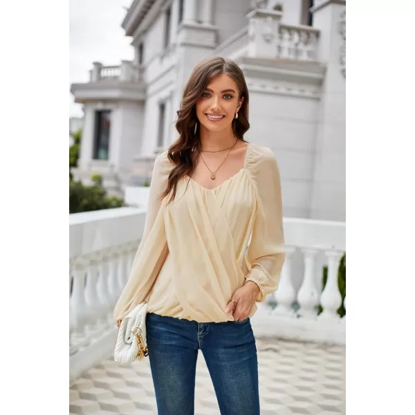 GRACE KARIN Womens Lantern Long Sleeve Tops 2023 Casual Loose Chiffon Shirts Criss Cross Ruffle Pleated BlousesApricot