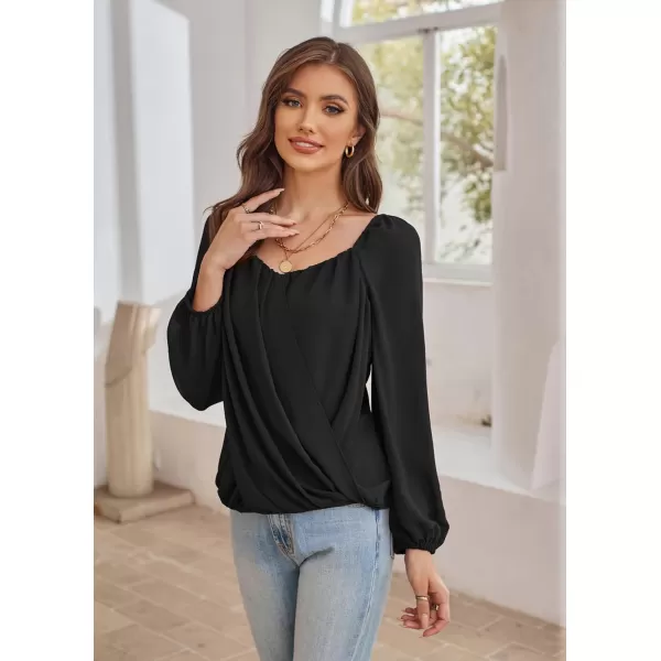 GRACE KARIN Womens Lantern Long Sleeve Tops 2023 Casual Loose Chiffon Shirts Criss Cross Ruffle Pleated BlousesBlack