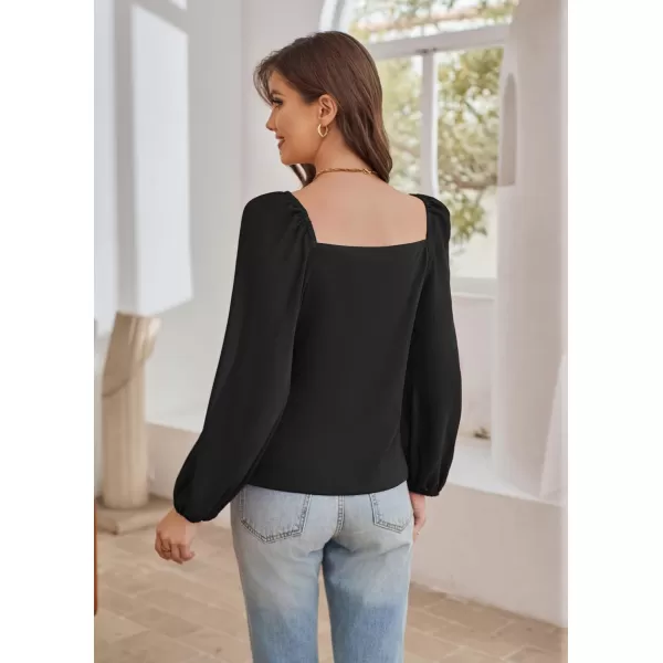 GRACE KARIN Womens Lantern Long Sleeve Tops 2023 Casual Loose Chiffon Shirts Criss Cross Ruffle Pleated BlousesBlack