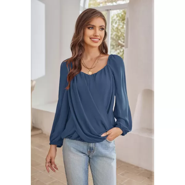 GRACE KARIN Womens Lantern Long Sleeve Tops 2023 Casual Loose Chiffon Shirts Criss Cross Ruffle Pleated BlousesBlue Grey