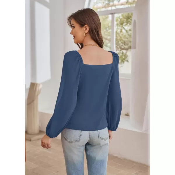 GRACE KARIN Womens Lantern Long Sleeve Tops 2023 Casual Loose Chiffon Shirts Criss Cross Ruffle Pleated BlousesBlue Grey