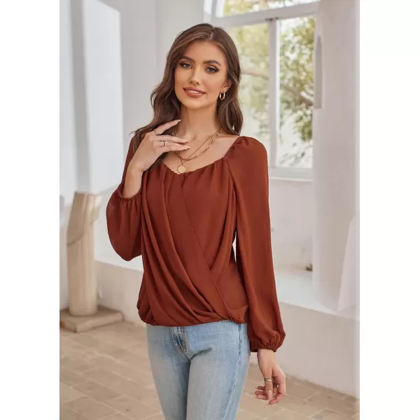 GRACE KARIN Womens Lantern Long Sleeve Tops 2023 Casual Loose Chiffon Shirts Criss Cross Ruffle Pleated BlousesCaramel