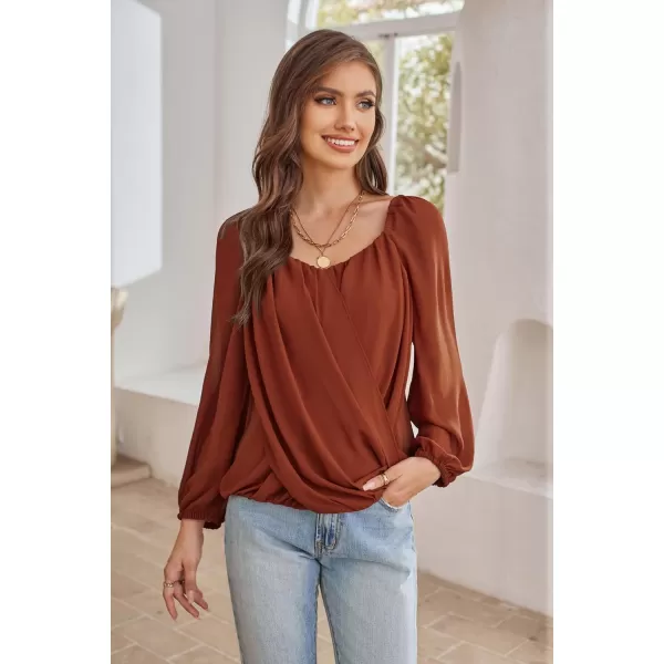 GRACE KARIN Womens Lantern Long Sleeve Tops 2023 Casual Loose Chiffon Shirts Criss Cross Ruffle Pleated BlousesCaramel