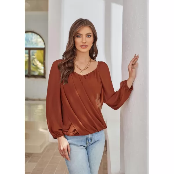 GRACE KARIN Womens Lantern Long Sleeve Tops 2023 Casual Loose Chiffon Shirts Criss Cross Ruffle Pleated BlousesCaramel