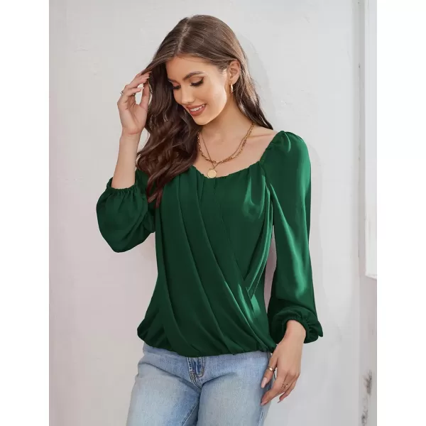 GRACE KARIN Womens Lantern Long Sleeve Tops 2023 Casual Loose Chiffon Shirts Criss Cross Ruffle Pleated BlousesDark Green