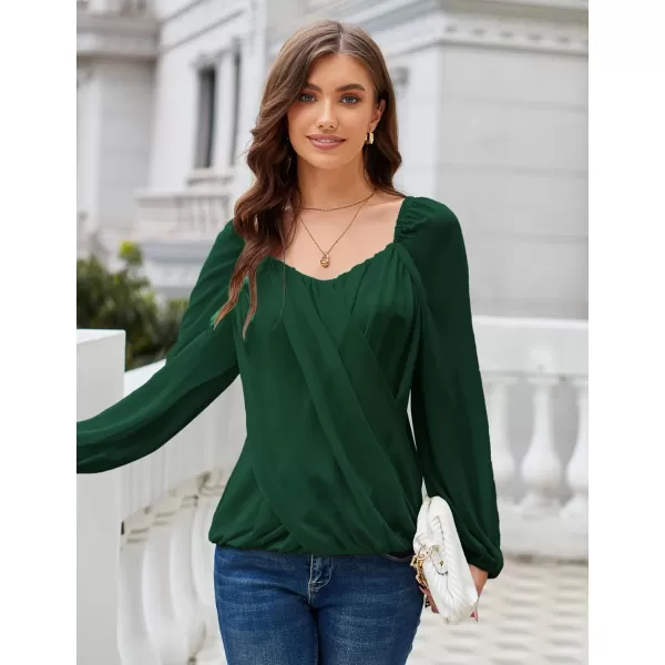 GRACE KARIN Womens Lantern Long Sleeve Tops 2023 Casual Loose Chiffon Shirts Criss Cross Ruffle Pleated BlousesDark Green