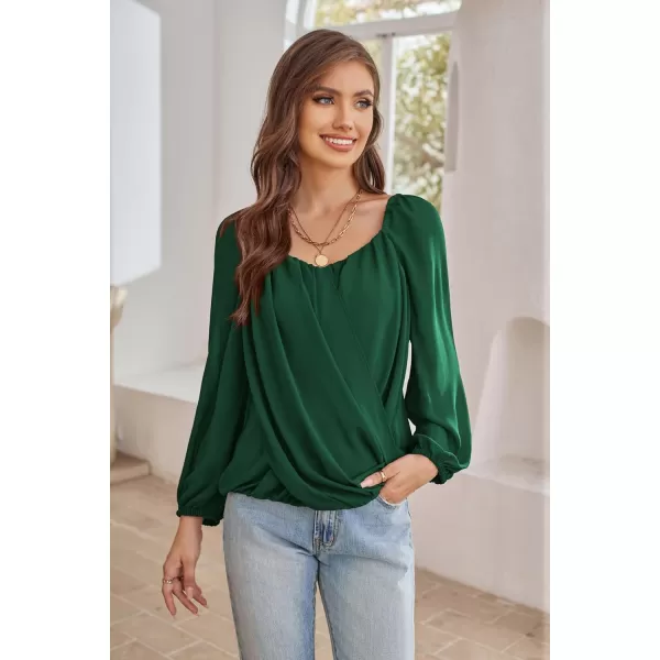 GRACE KARIN Womens Lantern Long Sleeve Tops 2023 Casual Loose Chiffon Shirts Criss Cross Ruffle Pleated BlousesDark Green