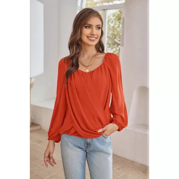 GRACE KARIN Womens Lantern Long Sleeve Tops 2023 Casual Loose Chiffon Shirts Criss Cross Ruffle Pleated BlousesOrange