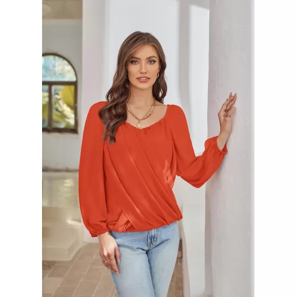 GRACE KARIN Womens Lantern Long Sleeve Tops 2023 Casual Loose Chiffon Shirts Criss Cross Ruffle Pleated BlousesOrange