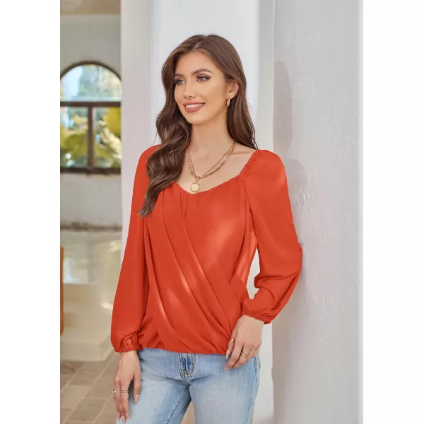 GRACE KARIN Womens Lantern Long Sleeve Tops 2023 Casual Loose Chiffon Shirts Criss Cross Ruffle Pleated BlousesOrange