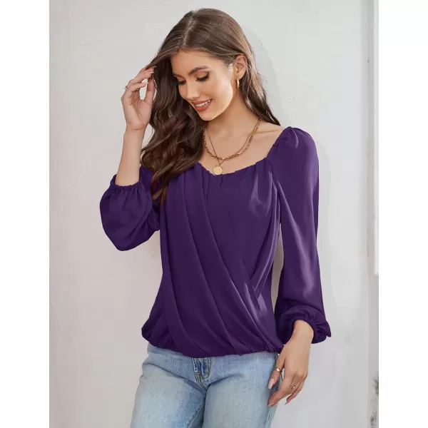 GRACE KARIN Womens Lantern Long Sleeve Tops 2023 Casual Loose Chiffon Shirts Criss Cross Ruffle Pleated BlousesPurple