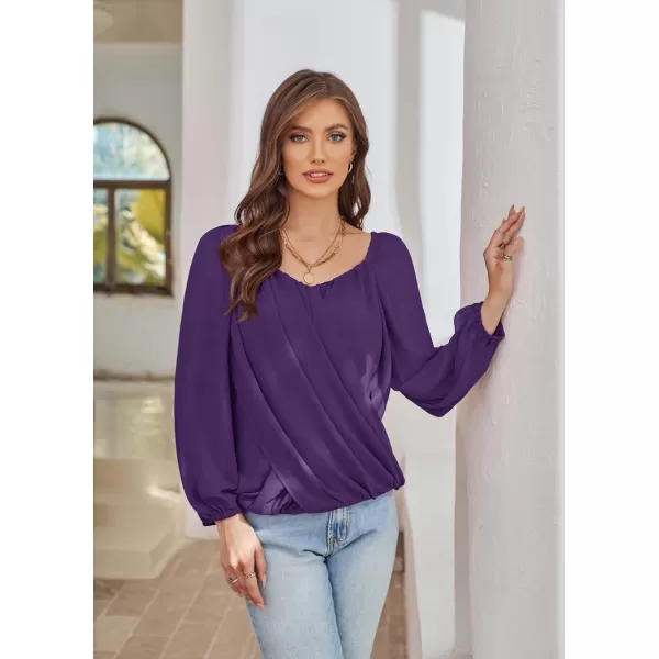 GRACE KARIN Womens Lantern Long Sleeve Tops 2023 Casual Loose Chiffon Shirts Criss Cross Ruffle Pleated BlousesPurple