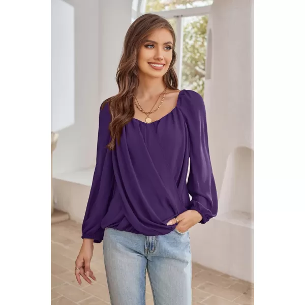 GRACE KARIN Womens Lantern Long Sleeve Tops 2023 Casual Loose Chiffon Shirts Criss Cross Ruffle Pleated BlousesPurple