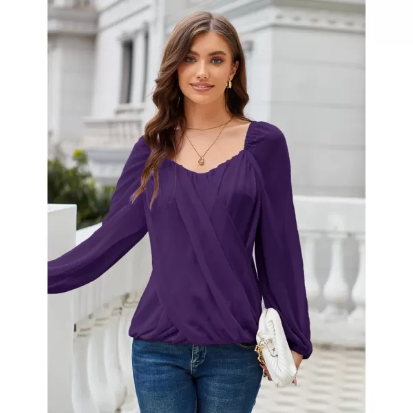 GRACE KARIN Womens Lantern Long Sleeve Tops 2023 Casual Loose Chiffon Shirts Criss Cross Ruffle Pleated BlousesPurple