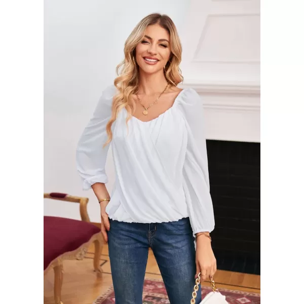 GRACE KARIN Womens Lantern Long Sleeve Tops 2023 Casual Loose Chiffon Shirts Criss Cross Ruffle Pleated BlousesRaw White