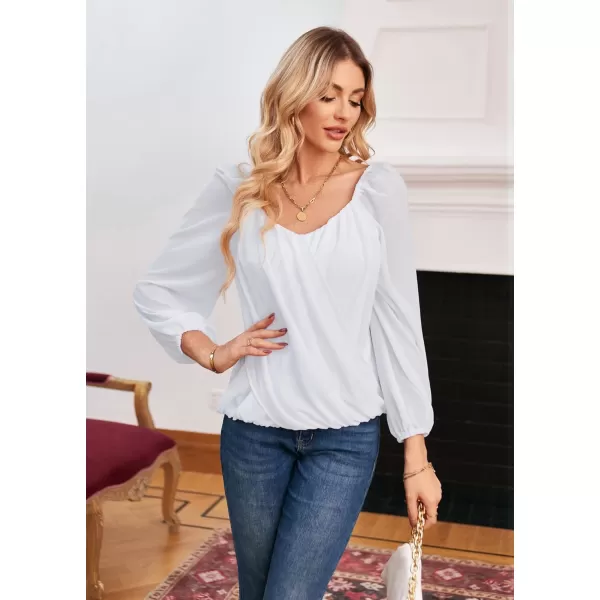 GRACE KARIN Womens Lantern Long Sleeve Tops 2023 Casual Loose Chiffon Shirts Criss Cross Ruffle Pleated BlousesRaw White