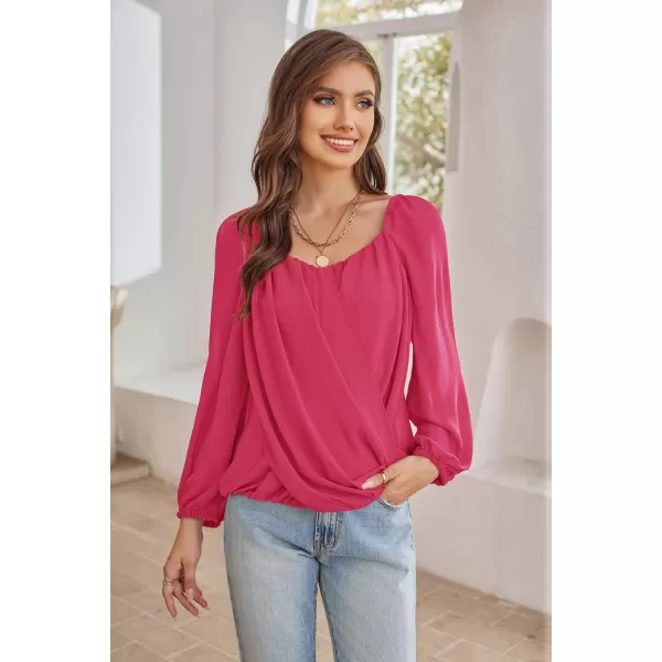 GRACE KARIN Womens Lantern Long Sleeve Tops 2023 Casual Loose Chiffon Shirts Criss Cross Ruffle Pleated BlousesRose Red