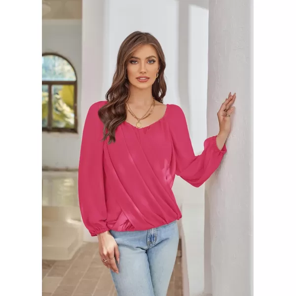 GRACE KARIN Womens Lantern Long Sleeve Tops 2023 Casual Loose Chiffon Shirts Criss Cross Ruffle Pleated BlousesRose Red