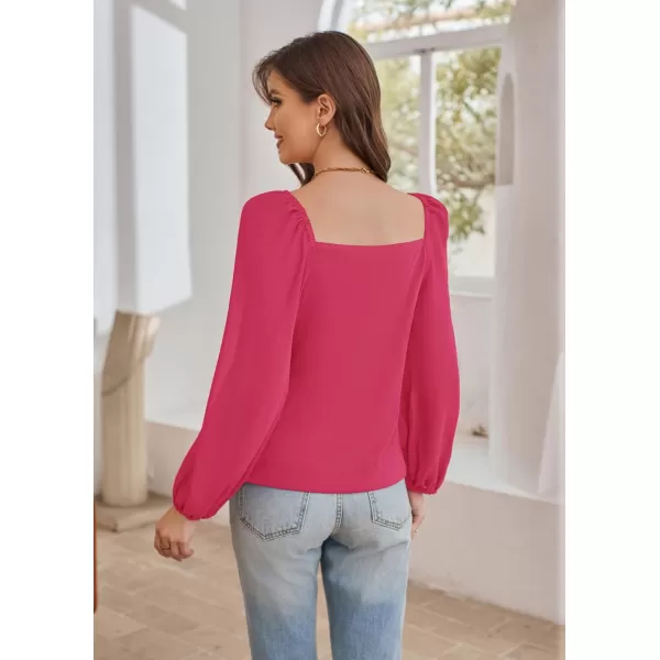 GRACE KARIN Womens Lantern Long Sleeve Tops 2023 Casual Loose Chiffon Shirts Criss Cross Ruffle Pleated BlousesRose Red