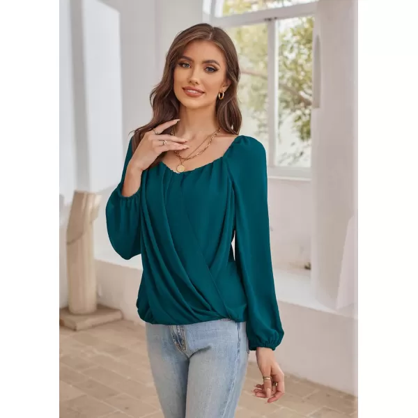 GRACE KARIN Womens Lantern Long Sleeve Tops 2023 Casual Loose Chiffon Shirts Criss Cross Ruffle Pleated BlousesTeal