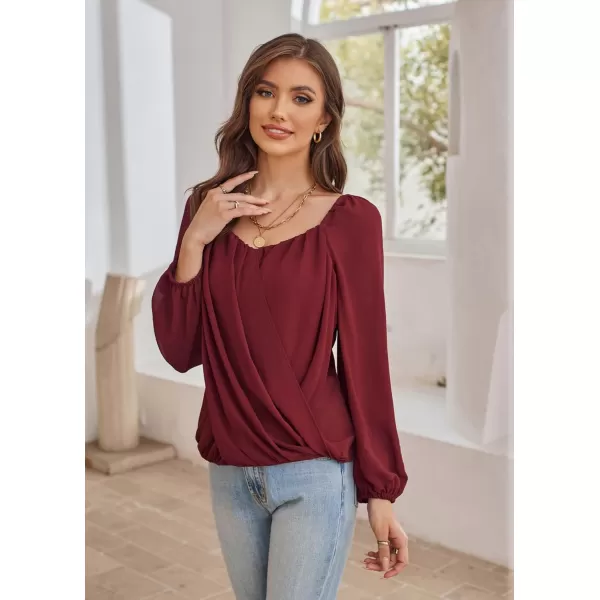 GRACE KARIN Womens Lantern Long Sleeve Tops 2023 Casual Loose Chiffon Shirts Criss Cross Ruffle Pleated BlousesWine Red