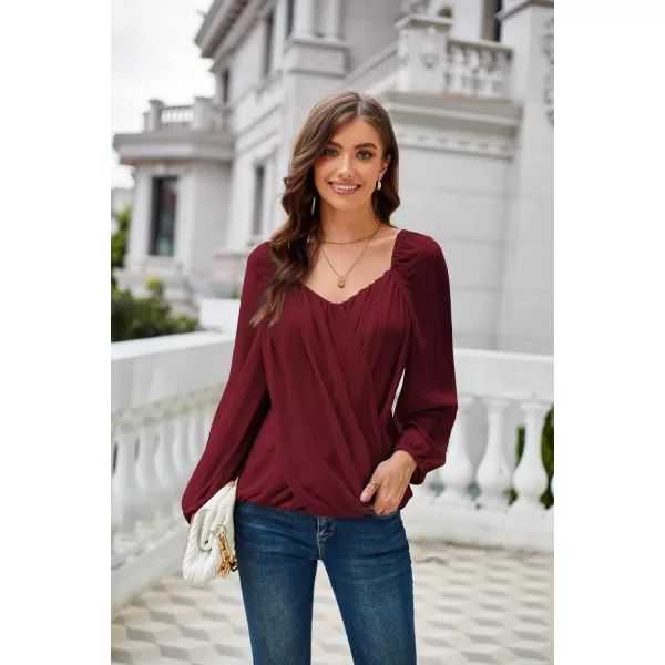 GRACE KARIN Womens Lantern Long Sleeve Tops 2023 Casual Loose Chiffon Shirts Criss Cross Ruffle Pleated BlousesWine Red