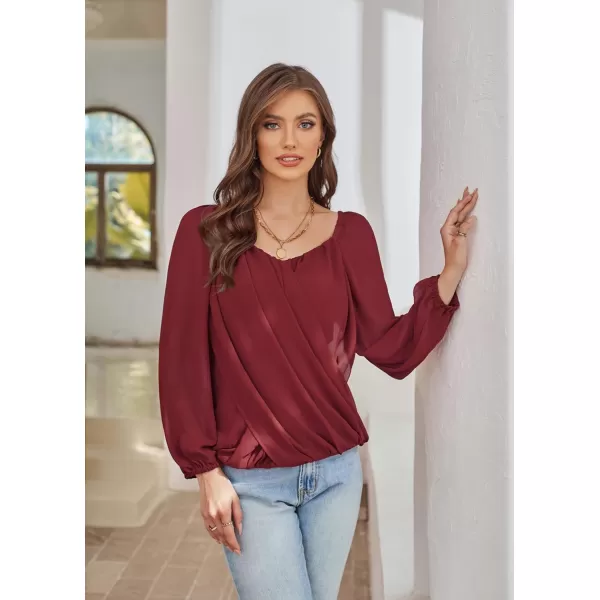 GRACE KARIN Womens Lantern Long Sleeve Tops 2023 Casual Loose Chiffon Shirts Criss Cross Ruffle Pleated BlousesWine Red