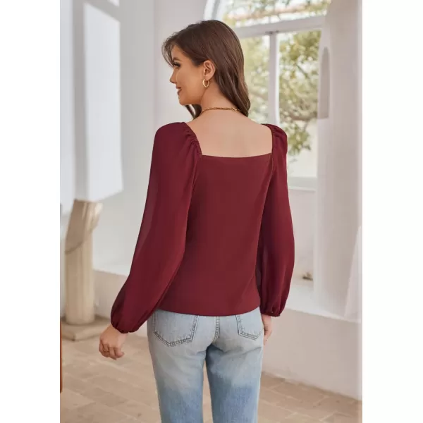 GRACE KARIN Womens Lantern Long Sleeve Tops 2023 Casual Loose Chiffon Shirts Criss Cross Ruffle Pleated BlousesWine Red