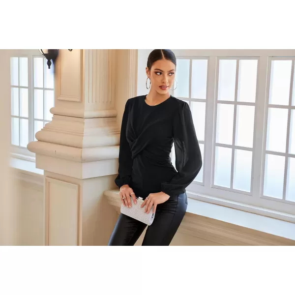 GRACE KARIN Womens Lantern Sleeve Fit Blouse Twist Front Crew Neck Knit TopsBlack