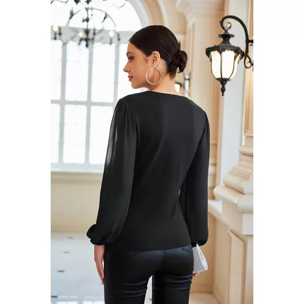 GRACE KARIN Womens Lantern Sleeve Fit Blouse Twist Front Crew Neck Knit TopsBlack