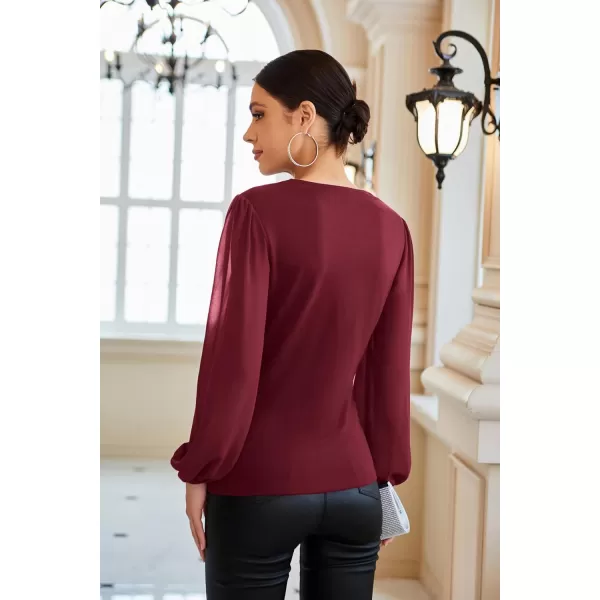 GRACE KARIN Womens Lantern Sleeve Fit Blouse Twist Front Crew Neck Knit TopsBurgundy