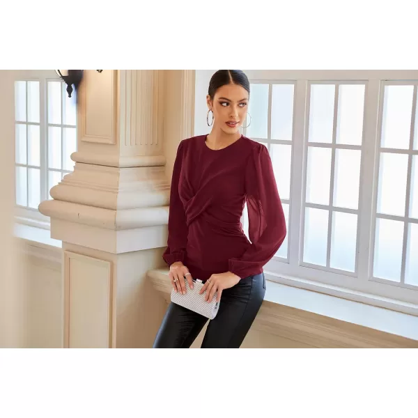 GRACE KARIN Womens Lantern Sleeve Fit Blouse Twist Front Crew Neck Knit TopsBurgundy