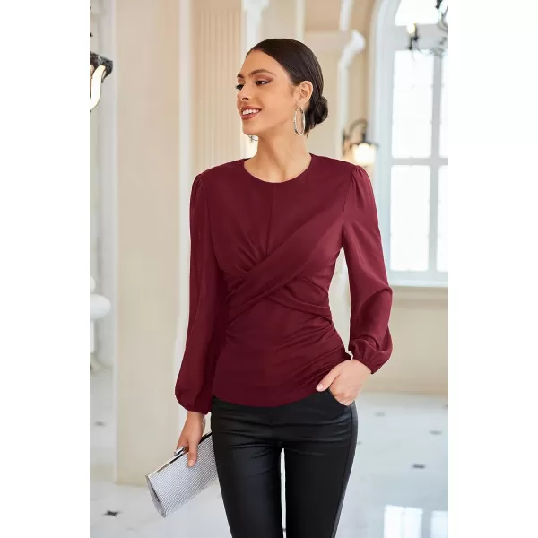 GRACE KARIN Womens Lantern Sleeve Fit Blouse Twist Front Crew Neck Knit TopsBurgundy