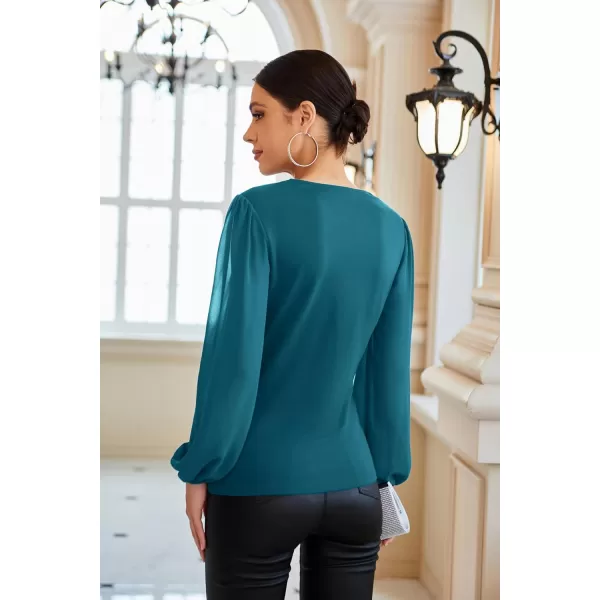 GRACE KARIN Womens Lantern Sleeve Fit Blouse Twist Front Crew Neck Knit TopsPeacock Blue