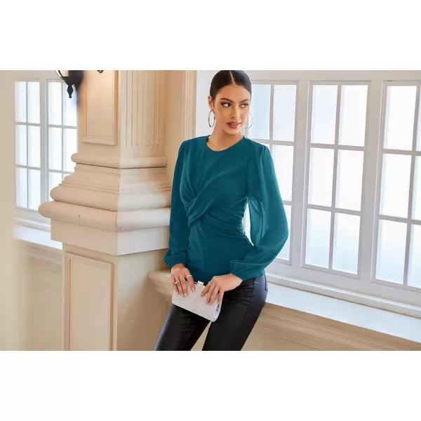 GRACE KARIN Womens Lantern Sleeve Fit Blouse Twist Front Crew Neck Knit TopsPeacock Blue