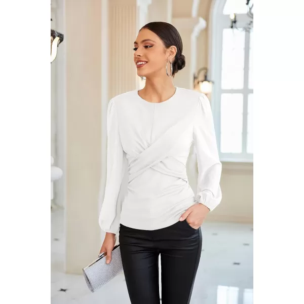 GRACE KARIN Womens Lantern Sleeve Fit Blouse Twist Front Crew Neck Knit TopsWhite