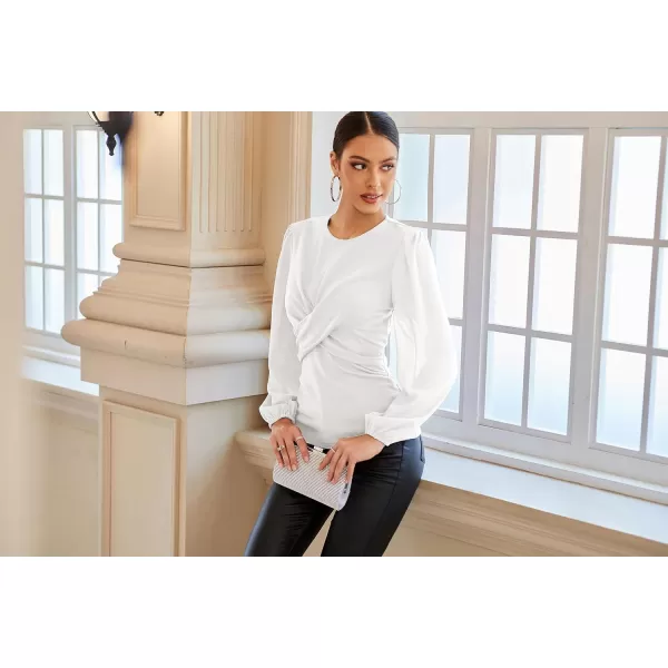 GRACE KARIN Womens Lantern Sleeve Fit Blouse Twist Front Crew Neck Knit TopsWhite