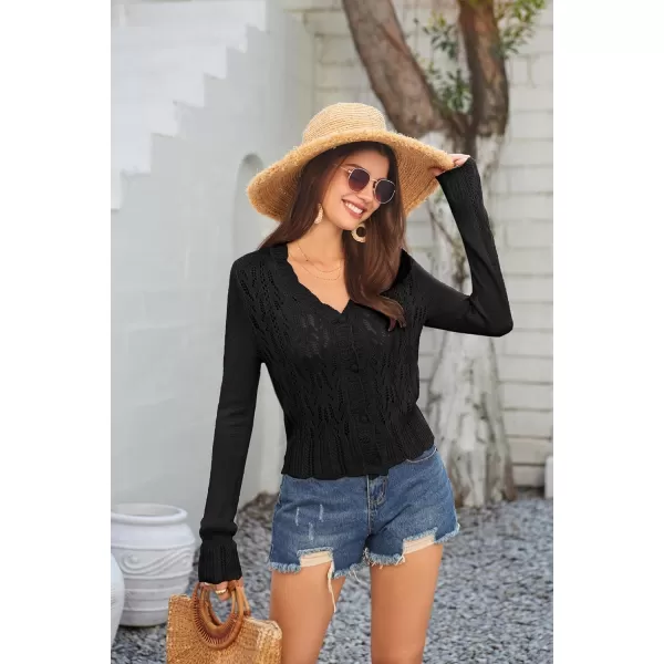 GRACE KARIN Womens Lightweight Cropped Crochet Cardigan Sweaters Summer Long Sleeve Hollow Out Knit V Neck Bolero ShrugBlack